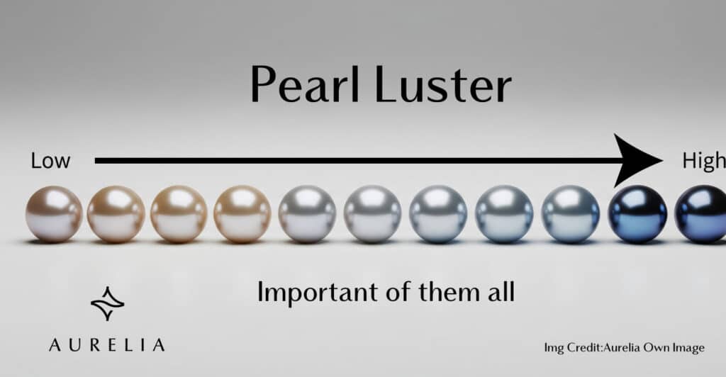 A pearl luster chart showing a range of pearls from low luster (dull, chalky) to high luster (sharp, mirror-like), with text labeling it the most important value factor.