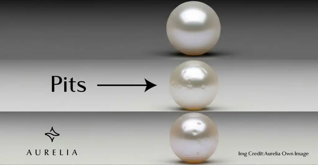 An infographic showing the progression of pearl surface quality, from a clean, smooth pearl to pearls with increasing numbers of pits and blemishes.
