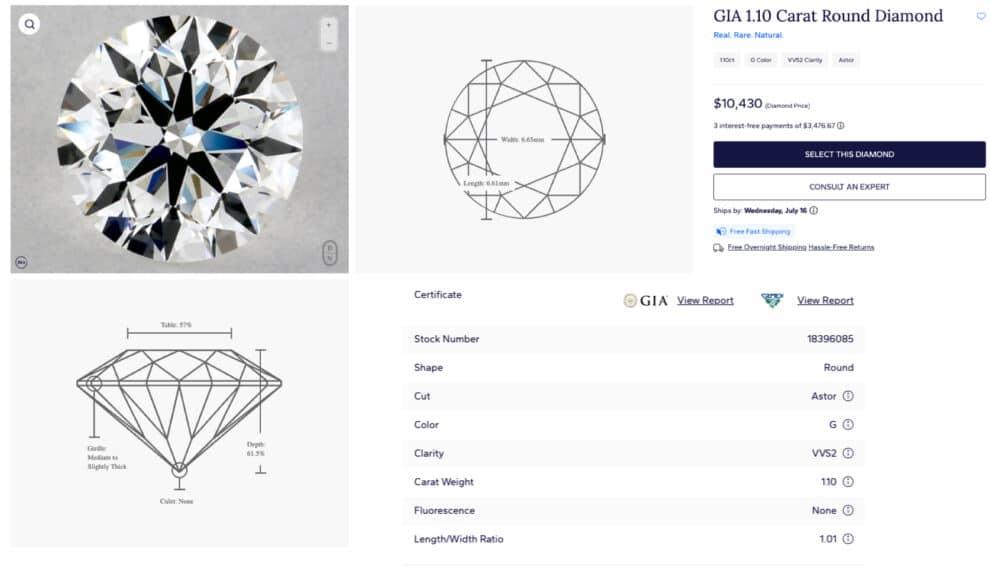 A screenshot of a product page for a 1.10 carat Astor by Blue Nile diamond, detailing its GIA certificate specs like G color and VVS2 clarity, and showing the links to both the GIA and GemEx reports.
