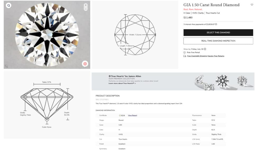 A screenshot of a James Allen product page for a 1.50 carat True Hearts round diamond, showing the HD video view, GIA specs like H color and VVS1 clarity, and the "True Hearts" cut designation.