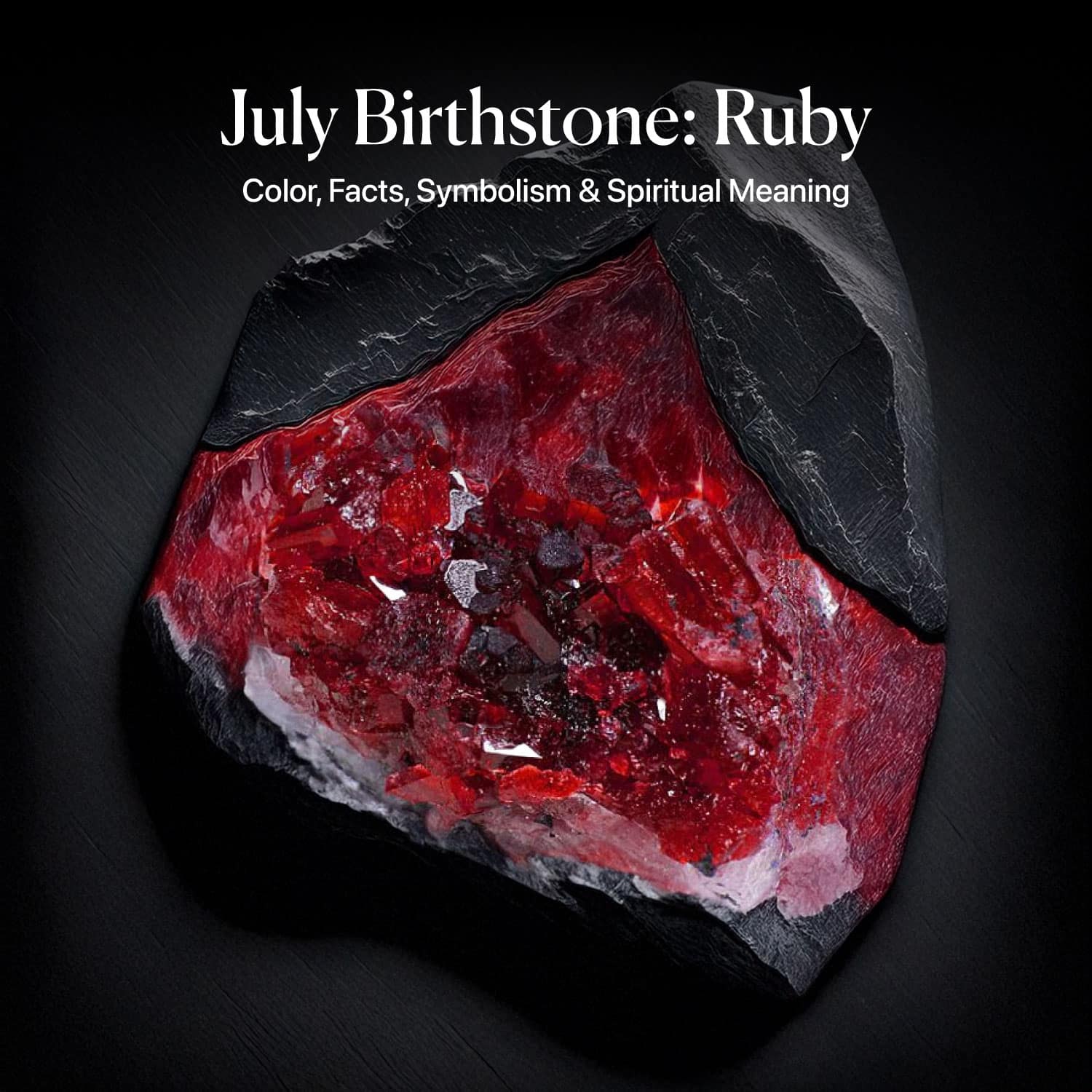 A raw, uncut ruby, showcasing its deep red crystalline structure, embedded in a dark host rock. Text overlay reads: "July Birthstone: Ruby - Color, Facts, Symbolism & Spiritual Meaning."