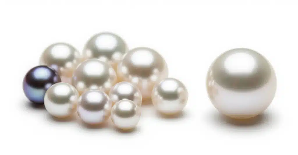 A collection of high-luster, loose cultured pearls in various sizes and colors, including white, rosé, and a black Tahitian pearl, on a clean white background.
