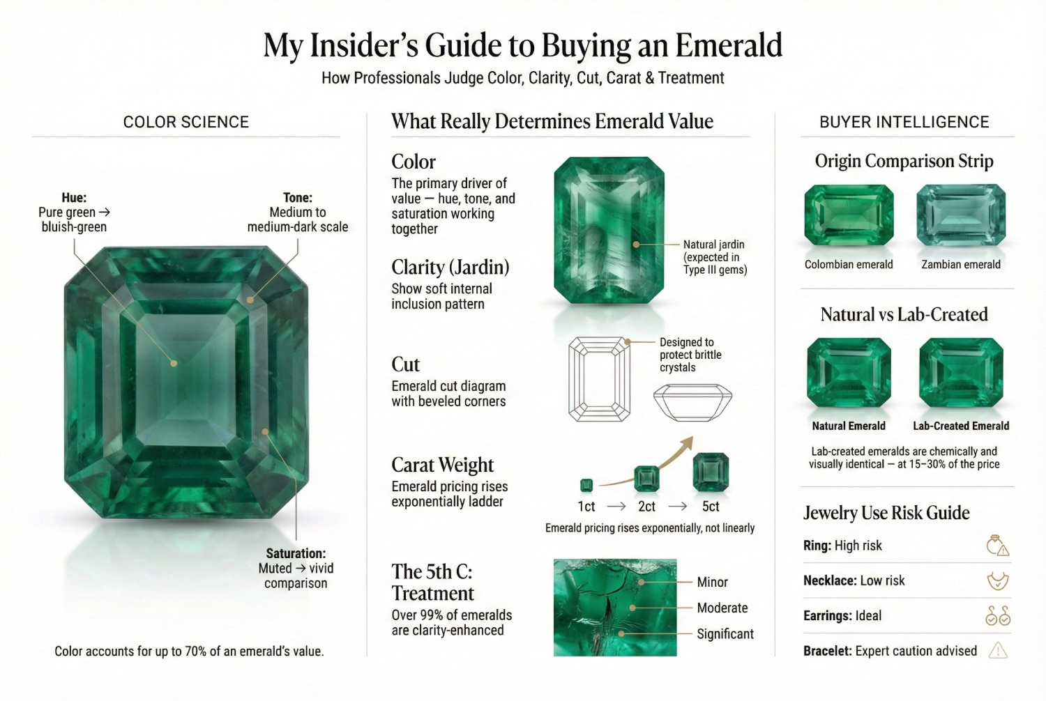 An educational infographic titled "My Insider's Guide to Buying an Emerald". It breaks down value factors: Color (Hue/Tone/Saturation = 70% of value), Clarity (Jardin is expected), Cut (Beveled corners protect crystals), and The 5th C (Treatment). It includes a "Jewelry Use Risk Guide" rating Rings as High Risk and Earrings as Ideal.