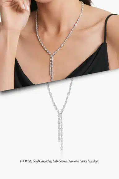 14k White Gold Cascading Lab-Grown Diamond Lariat Necklace – Wedding Jewelry Ideas for Bride