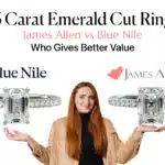 Feature image for an article comparing James Allen versus Blue Nile. A woman with a questioning look on her face is weighing her options between two nearly identical 3-carat emerald cut diamond engagement rings with pavé bands, one floating above each hand under the respective retailer's logo. The main title reads "3 Carat Emerald Cut Ring" and asks "Who Gives Better Value," conveying the central theme of the value comparison for online jewelry shoppers.