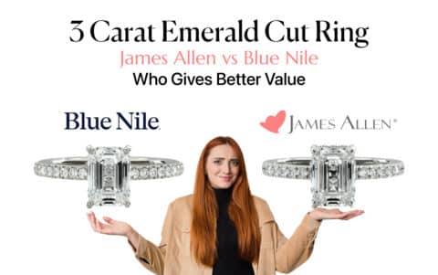 Feature image for an article comparing James Allen versus Blue Nile. A woman with a questioning look on her face is weighing her options between two nearly identical 3-carat emerald cut diamond engagement rings with pavé bands, one floating above each hand under the respective retailer's logo. The main title reads "3 Carat Emerald Cut Ring" and asks "Who Gives Better Value," conveying the central theme of the value comparison for online jewelry shoppers.