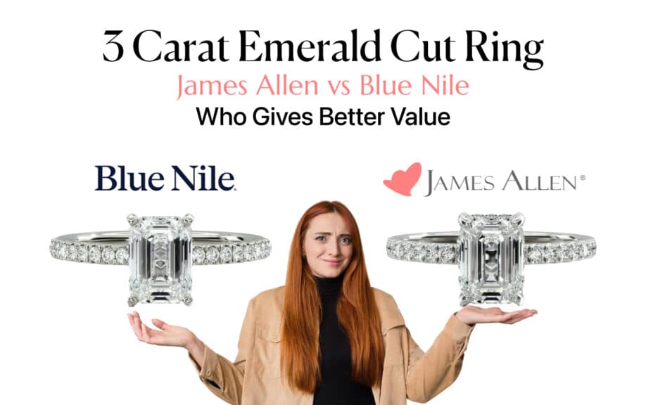 Feature image for an article comparing James Allen versus Blue Nile. A woman with a questioning look on her face is weighing her options between two nearly identical 3-carat emerald cut diamond engagement rings with pavé bands, one floating above each hand under the respective retailer's logo. The main title reads "3 Carat Emerald Cut Ring" and asks "Who Gives Better Value," conveying the central theme of the value comparison for online jewelry shoppers.