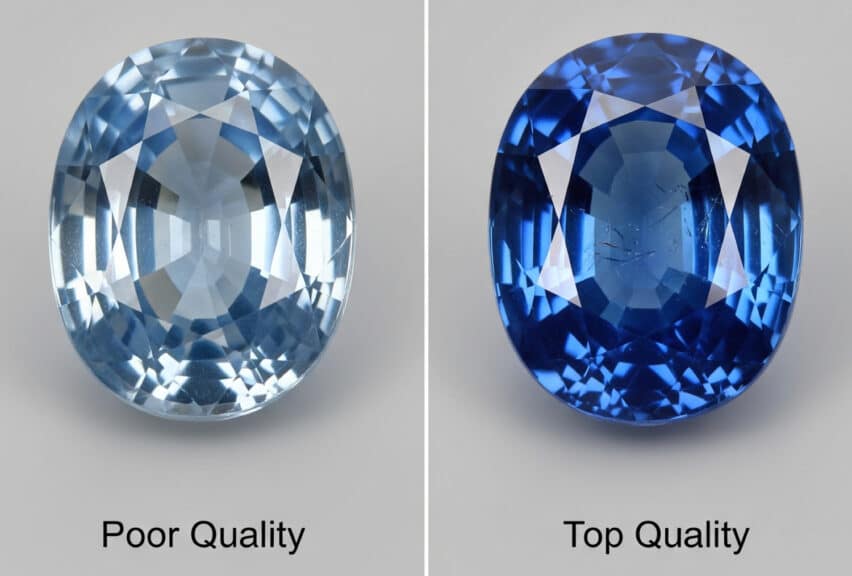 An educational, side-by-side comparison image of two 3-carat oval-cut blue sapphires, showing the critical difference in quality. The "Poor Quality" sapphire on the left has a pale, washed-out light blue color, while the "Top Quality" sapphire on the right has a rich, vibrant, highly saturated cornflower blue color, demonstrating why color is the most important value factor for the September birthstone.