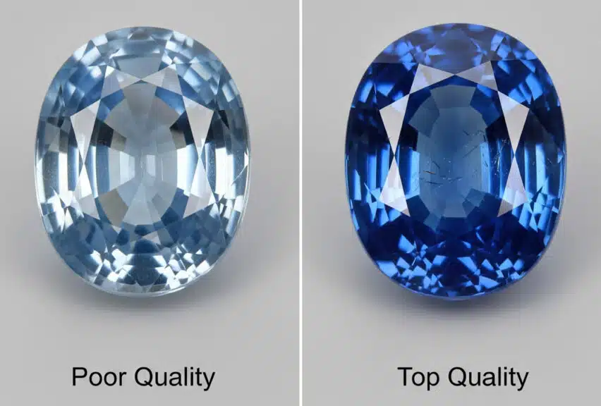 An educational, side-by-side comparison image of two 3-carat oval-cut blue sapphires, showing the critical difference in quality. The "Poor Quality" sapphire on the left has a pale, washed-out light blue color, while the "Top Quality" sapphire on the right has a rich, vibrant, highly saturated cornflower blue color, demonstrating why color is the most important value factor for the September birthstone.