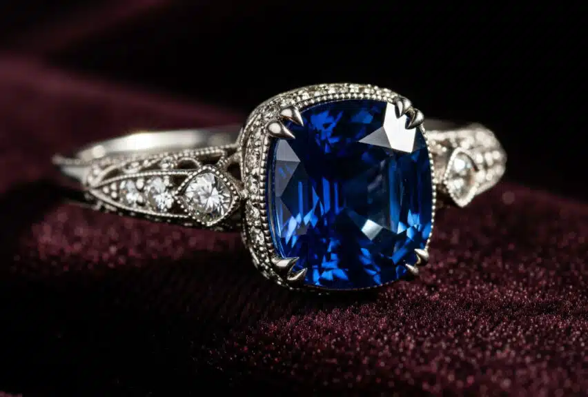 An extreme close-up, photorealistic shot of a vintage, royal-style engagement ring, featuring a large, 4-carat cushion-cut blue sapphire with a deep, velvety color. The ring is crafted from platinum with intricate, delicate filigree work and small, antique-style accent diamonds, resting on a rich, dark velvet surface that emphasizes its historic and timeless elegance.