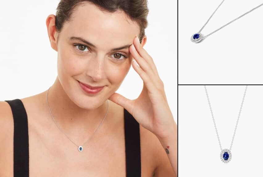 A three-panel collage showcasing a classic oval blue sapphire and diamond halo necklace. The main image is a lifestyle shot of a woman smiling and wearing the September birthstone necklace, with two additional product shots showing close-up details of the pendant on a clean, white background.
