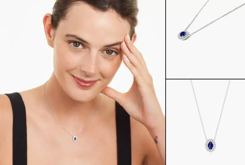 A three-panel collage showcasing a classic oval blue sapphire and diamond halo necklace. The main image is a lifestyle shot of a woman smiling and wearing the September birthstone necklace, with two additional product shots showing close-up details of the pendant on a clean, white background.