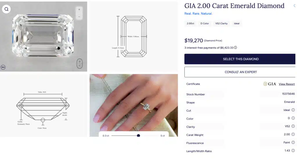 A detailed view of a 2.00 carat, D-color, VS2-clarity natural emerald cut diamond on Blue Nile, showing a price of $19,270.