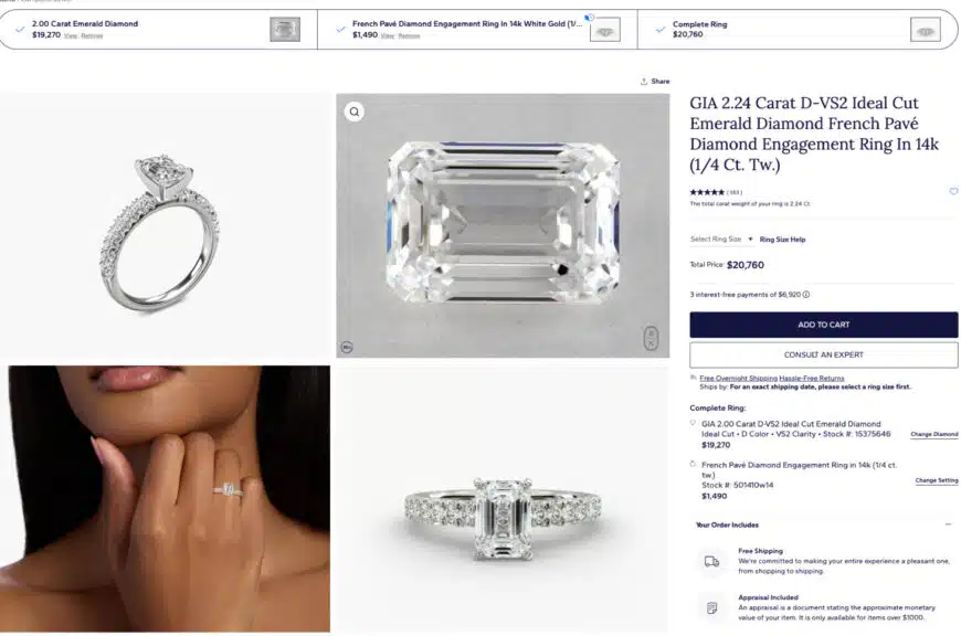 A final summary screenshot on Blue Nile showing the completed 2-carat D-VS2 emerald cut engagement ring with a total price of $20,760.