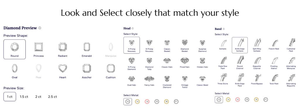 A screenshot showing Step 3 of customizing an engagement ring on Blue Nile. A red box highlights the metal options, such as 14k white gold, and the main blue "Select This Setting" button, which confirms the choice before moving to the diamond finder.