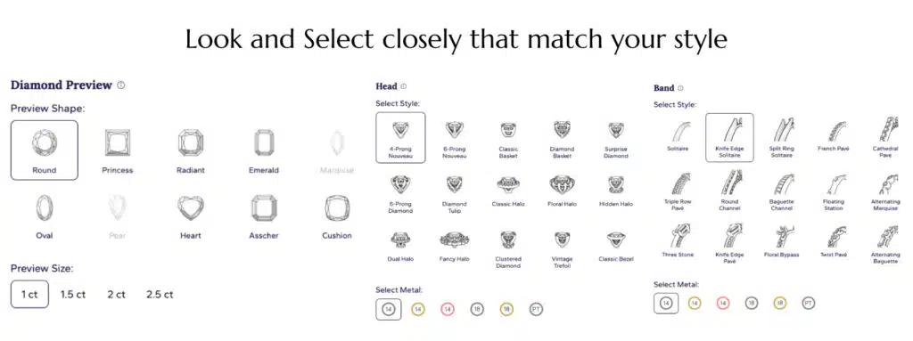 A screenshot showing Step 3 of customizing an engagement ring on Blue Nile. A red box highlights the metal options, such as 14k white gold, and the main blue "Select This Setting" button, which confirms the choice before moving to the diamond finder.