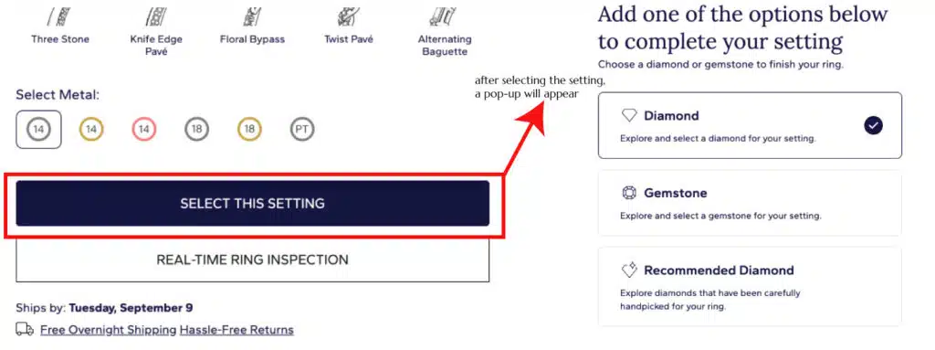 A screenshot of Step 4, where a pop-up prompts the user to complete their ring. A red box highlights the "Diamond" option, the correct choice to proceed to the main search tool to find a loose diamond for the selected setting.