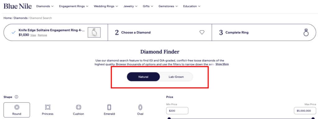 A screenshot of Step 5 within the Blue Nile Diamond Finder tool. Two large buttons are shown, "Natural" and "Lab-Grown," allowing the user to choose their diamond's origin. A red box highlights the "Natural" diamond button as the selected path for this guide.