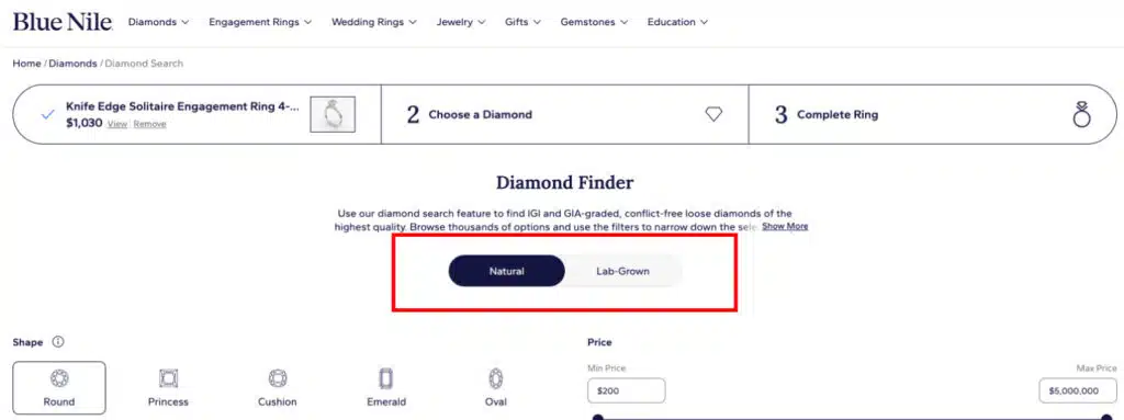 A screenshot of Step 5 within the Blue Nile Diamond Finder tool. Two large buttons are shown, "Natural" and "Lab-Grown," allowing the user to choose their diamond's origin. A red box highlights the "Natural" diamond button as the selected path for this guide.