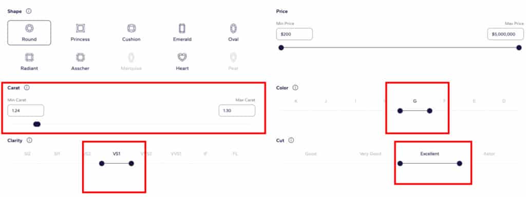 A screenshot of Step 6, the most important part of the Blue Nile Diamond Finder. Four red boxes highlight the specific 4Cs filters being set: the Cut slider is on "Excellent," the Color slider is on a range from G to F, the Clarity slider is on a range from VS2 to VS1, and the Carat weight slider is set to 1.24 to 1.30 to find the best value diamond.
