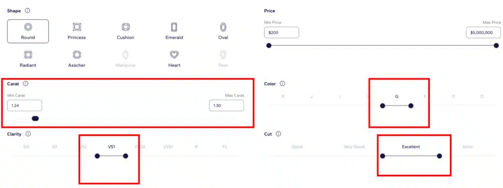 A screenshot of Step 6, the most important part of the Blue Nile Diamond Finder. Four red boxes highlight the specific 4Cs filters being set: the Cut slider is on "Excellent," the Color slider is on a range from G to F, the Clarity slider is on a range from VS2 to VS1, and the Carat weight slider is set to 1.24 to 1.30 to find the best value diamond.