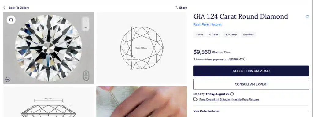 A screenshot showing Step 7, the curated results page in the Diamond Finder. After applying the filters for the 4Cs, the user is shown selecting a "1.24 Carat Round Diamond" from the list of GIA certified diamonds to view its full details.
