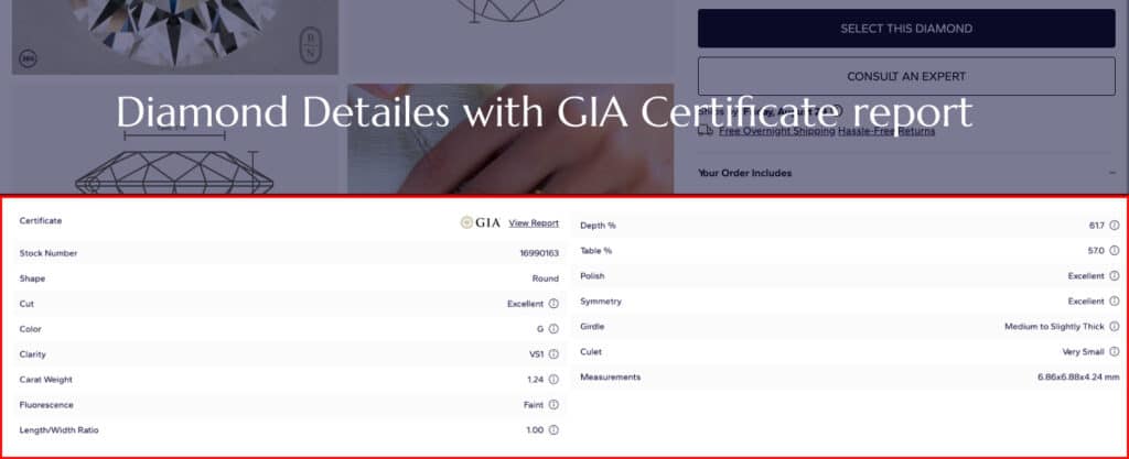A screenshot of Step 8, the individual diamond details page. The image highlights the crucial elements for a final diamond review: the 360-degree video, the diamond's stats (G Color, VS1 Clarity, Excellent Cut), its price, and the blue "Select This Diamond" button. The page also shows a diagram of the diamond's proportions.