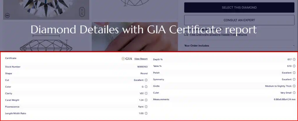 A screenshot of Step 8, the individual diamond details page. The image highlights the crucial elements for a final diamond review: the 360-degree video, the diamond's stats (G Color, VS1 Clarity, Excellent Cut), its price, and the blue "Select This Diamond" button. The page also shows a diagram of the diamond's proportions.