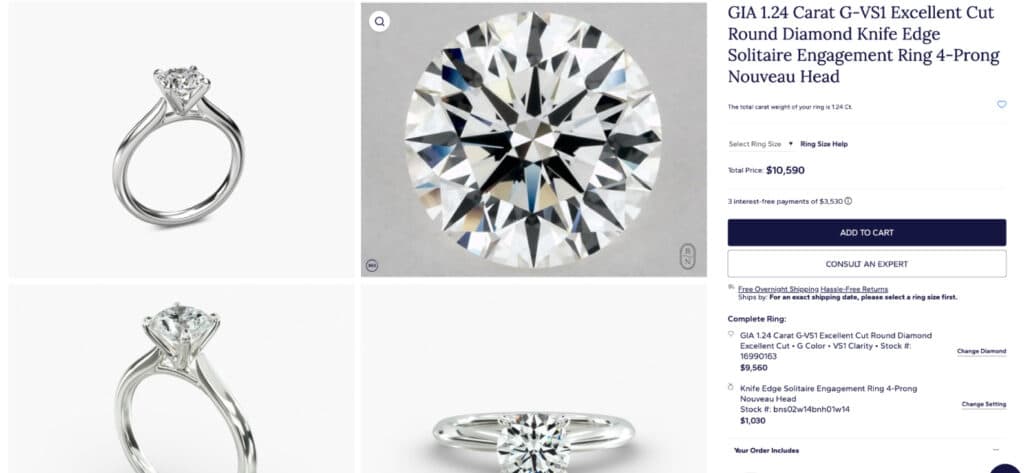 A screenshot of Step 9, the final summary screen in the Blue Nile ring builder. It shows an image of the final, completed engagement ring and an itemized breakdown of the GIA diamond's price, the setting's price, and the total cost for the custom ring.