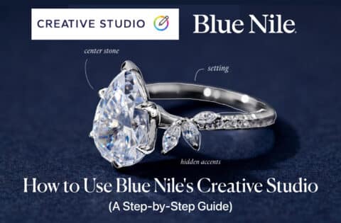 A feature image for a step-by-step guide on how to use Blue Nile's Creative Studio to build your own engagement ring. The image shows a beautiful engagement ring with a large pear cut diamond, half photorealistic and half a sketch, symbolizing the customization and design process. Annotations point to the key components of the ring: the brilliant "center stone," the metal "setting," and the delicate "hidden accents," illustrating the control you have when you design your own ring online.