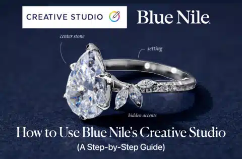 A feature image for a step-by-step guide on how to use Blue Nile's Creative Studio to build your own engagement ring. The image shows a beautiful engagement ring with a large pear cut diamond, half photorealistic and half a sketch, symbolizing the customization and design process. Annotations point to the key components of the ring: the brilliant "center stone," the metal "setting," and the delicate "hidden accents," illustrating the control you have when you design your own ring online.