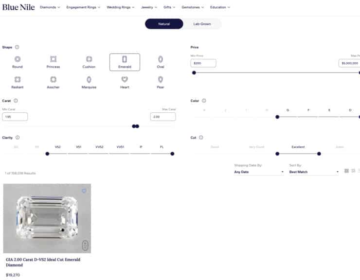 Screenshot of Blue Nile's website showing search filters set to: Shape - Emerald, Carat - 2.00, Color - D, Clarity - VS2 for a natural diamond.