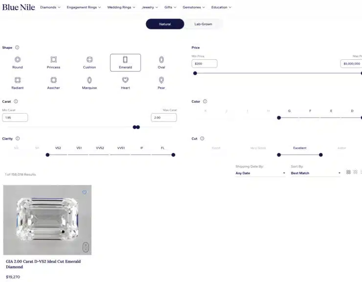 Screenshot of Blue Nile's website showing search filters set to: Shape - Emerald, Carat - 2.00, Color - D, Clarity - VS2 for a natural diamond.
