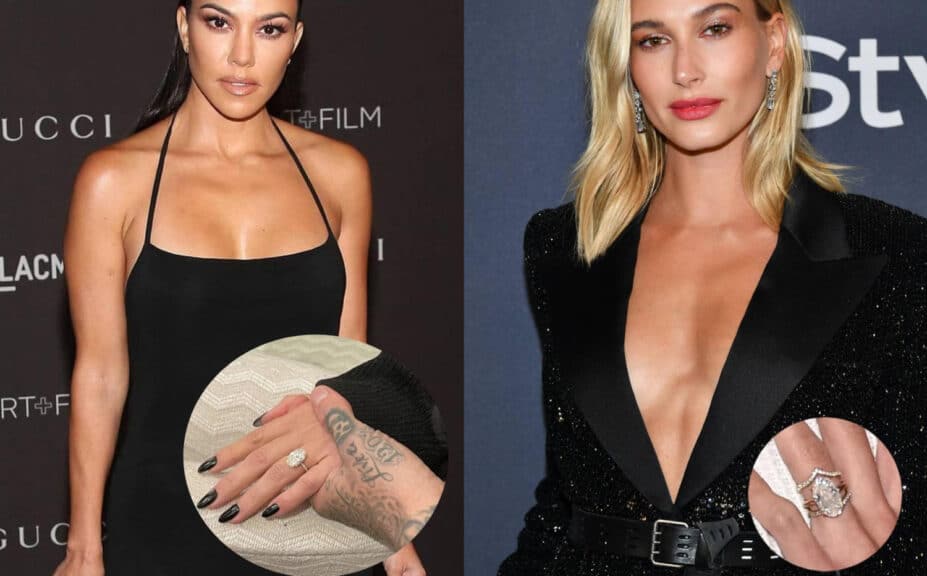 A side-by-side comparison of celebrity oval cut engagement rings for style inspiration. On the left, Kourtney Kardashian is shown with a close-up inset of her massive oval diamond engagement ring, which is set on a very thin pavé band. On the right, Hailey Bieber is shown with a close-up inset of her classic and elegant oval cut diamond, set on a simple yellow gold solitaire band. The image showcases two different popular styles for an oval shape diamond.