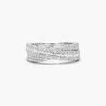 A wide crossover diamond ring in 14k white gold featuring interwoven bands of tension-set baguette diamonds and pavé-set round diamonds on a white background.