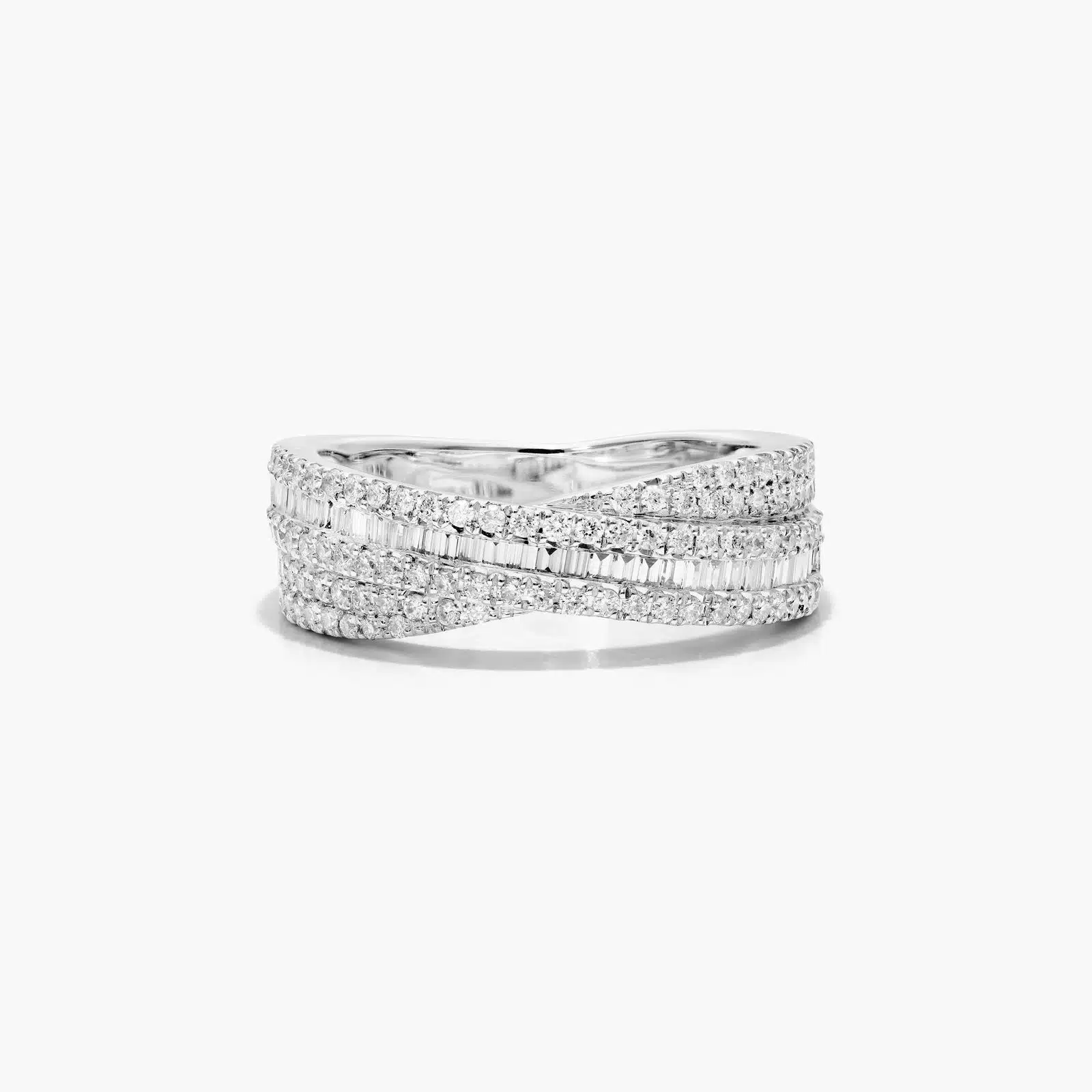 A wide crossover diamond ring in 14k white gold featuring interwoven bands of tension-set baguette diamonds and pavé-set round diamonds on a white background.