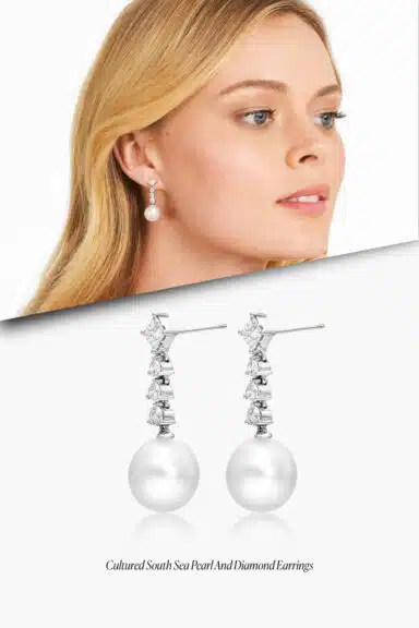 Cultured South Sea Pearl and Diamond Earrings in 18k White Gold – Wedding Jewelry Ideas for Bride
