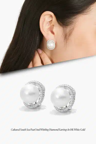Cultured South Sea Pearl and Whirling Diamond Earrings – Wedding Jewelry Ideas for Bride