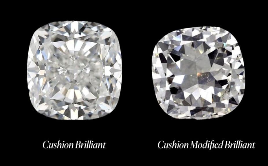 A side-by-side comparison image of two different styles of cushion cut diamonds. On the left, a Cushion Brilliant diamond is shown, which features a traditional brilliant-style faceting pattern. Its larger, more defined facets create a classic, broad sparkle, often described as a checkerboard pattern or "chunky" sparkle. This cut is designed to maximize light return and brilliance, similar to a round brilliant diamond. On the right, a Cushion Modified Brilliant diamond is displayed. This cut has an extra row of facets, resulting in a more fragmented, dense faceting pattern that produces a shimmery, 'crushed ice' effect. The light reflections are smaller and more numerous, creating an intense, glittery scintillation. The image effectively illustrates the visual differences in light performance and brilliance between these two popular cushion diamond cuts, serving as a key resource for individuals researching diamond shape, facet arrangement, light performance, and diamond brilliance for engagement rings and other fine jewelry. Key terms include diamond cut grade, cushion diamond varieties, brilliance vs. scintillation, and diamond appearance.