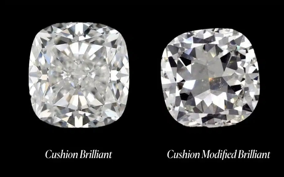 A side-by-side comparison image of two different styles of cushion cut diamonds. On the left, a Cushion Brilliant diamond is shown, which features a traditional brilliant-style faceting pattern. Its larger, more defined facets create a classic, broad sparkle, often described as a checkerboard pattern or "chunky" sparkle. This cut is designed to maximize light return and brilliance, similar to a round brilliant diamond. On the right, a Cushion Modified Brilliant diamond is displayed. This cut has an extra row of facets, resulting in a more fragmented, dense faceting pattern that produces a shimmery, 'crushed ice' effect. The light reflections are smaller and more numerous, creating an intense, glittery scintillation. The image effectively illustrates the visual differences in light performance and brilliance between these two popular cushion diamond cuts, serving as a key resource for individuals researching diamond shape, facet arrangement, light performance, and diamond brilliance for engagement rings and other fine jewelry. Key terms include diamond cut grade, cushion diamond varieties, brilliance vs. scintillation, and diamond appearance.