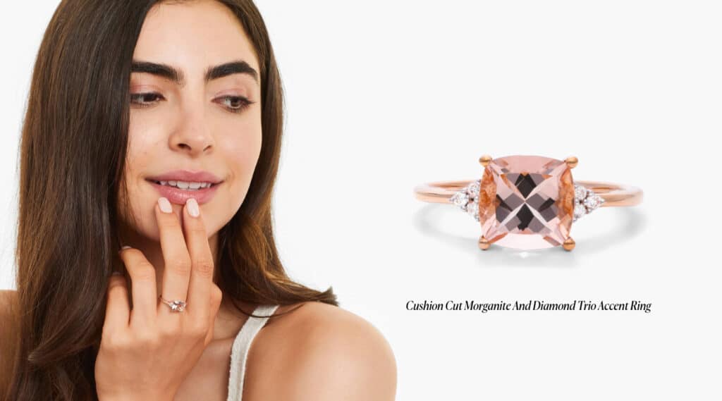 Cushion Cut Morganite And Diamond Trio Accent Ring In 14K Rose Gold