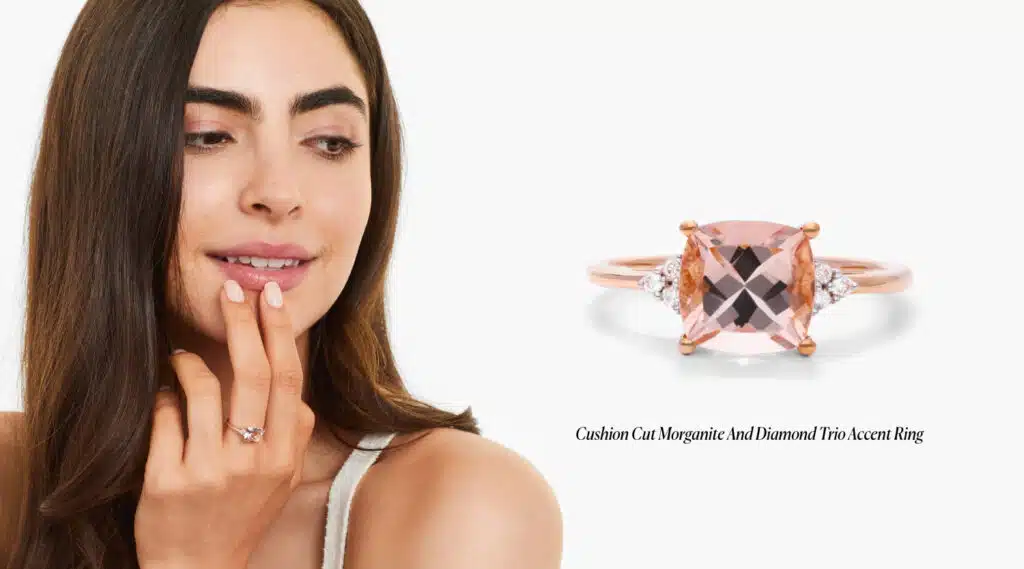 Cushion Cut Morganite And Diamond Trio Accent Ring In 14K Rose Gold