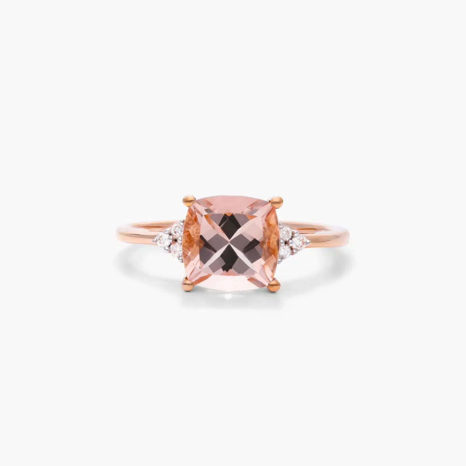 Cushion Cut Morganite And Diamond Trio Accent Ring In 14K Rose Gold
