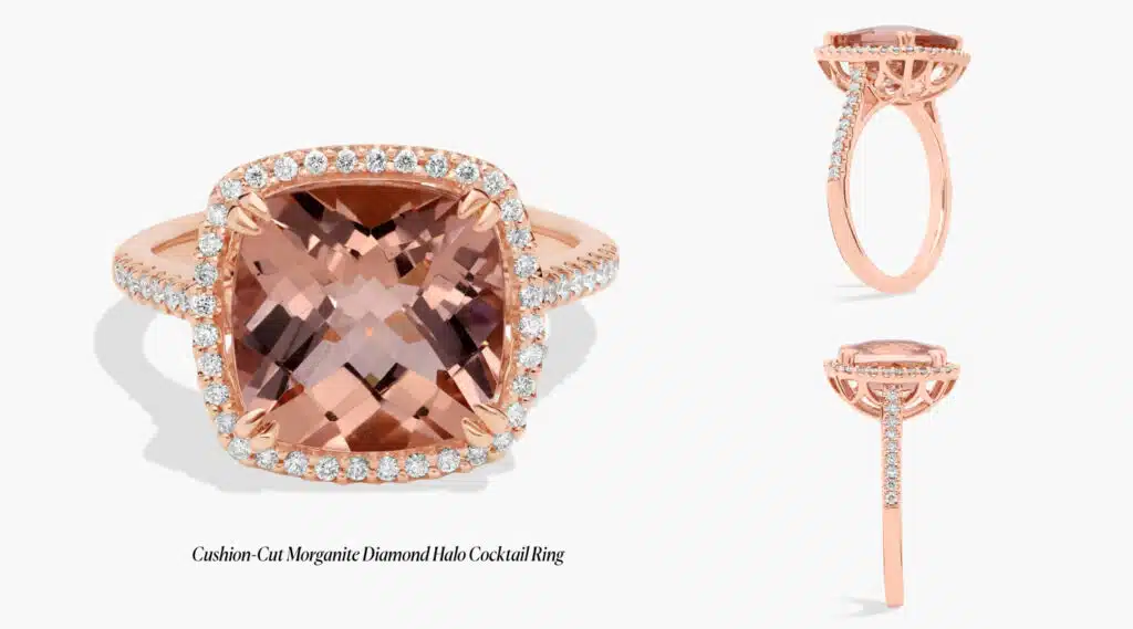 Cushion-Cut Morganite Diamond Halo Cocktail Ring in 14k Rose Gold (10.5mm)