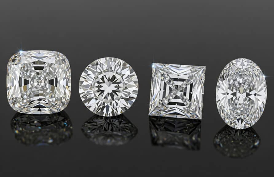 A photo showing four different diamond cuts side-by-side on a reflective black surface. From left to right, the diamonds are a cushion cut, a round brilliant cut, a princess cut, and an oval cut. The image highlights the distinct shape and facet patterns of each diamond.