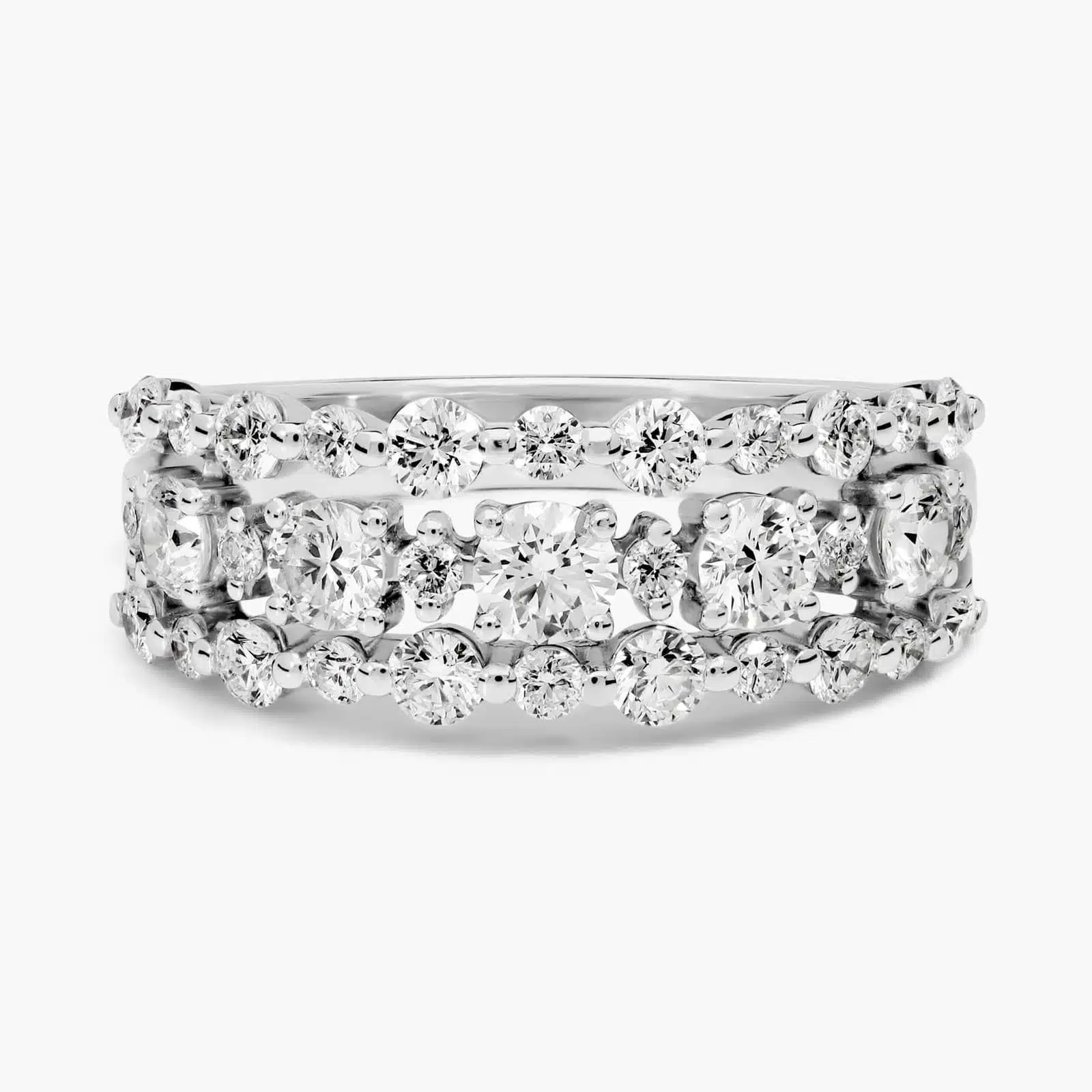 A 1-carat three-row diamond fashion ring in 14k white gold, featuring 33 brilliant round diamonds prong-set to create a wide, sparkling band, shown on a white background.