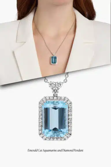Emerald Cut Aquamarine and Diamond Pendant in 18k White Gold – Wedding Jewelry Ideas for Bride