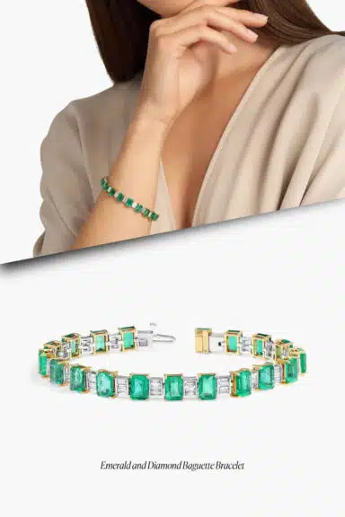 Emerald and Diamond Baguette Bracelet in 18k Yellow Gold – Wedding Jewelry Ideas for Bride