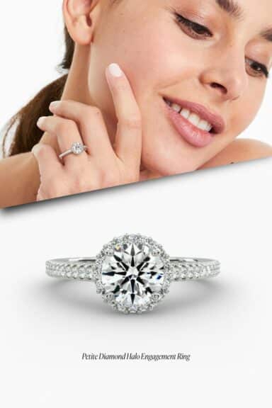 GIA 1.00 Carat E-VS2 Excellent Cut Round Diamond Petite Diamond Halo Engagement Ring In White Gold
