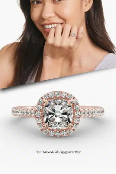 GIA 1.39 Carat E-VVS2 Very Good Cut Cushion Modified Lab-Grown Diamond Pavé Diamond Halo Engagement Ring In (Cushion, Emerald, Radiant)